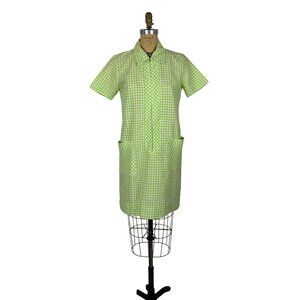 Vintage 60s Zip Up Dress Womens Medium Lime Green Gingham Checkered Shift